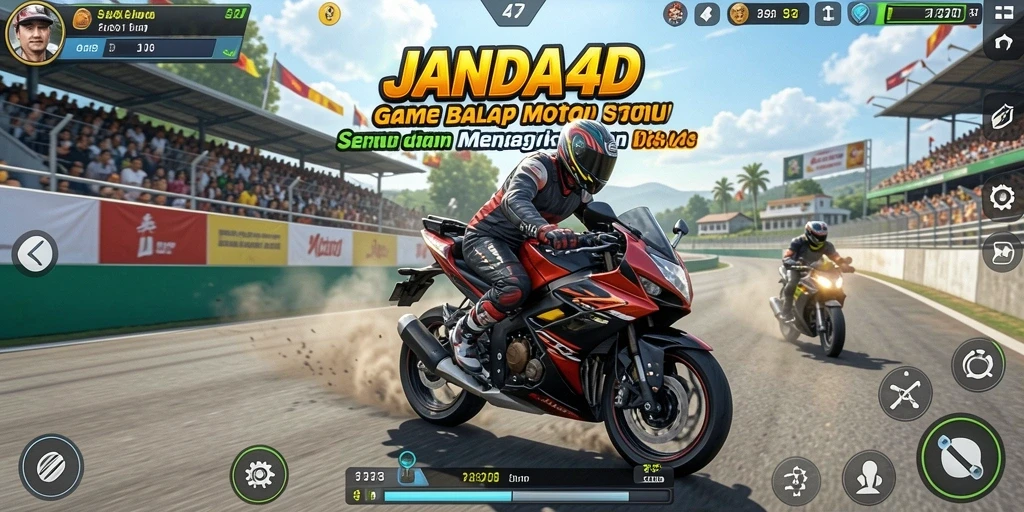 Tangkapan layar dari gameplay mendebarkan JANDA4D yang penuh aksi balap motor.